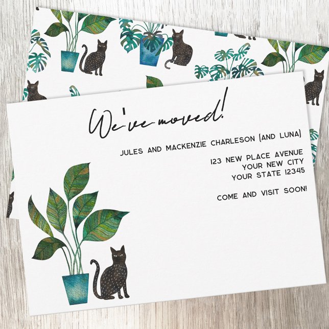 Faire-part Annonce de déménagement de maison avec chat noir (Black cat and potted plant watercolor custom text personalized moving new home address announcement)