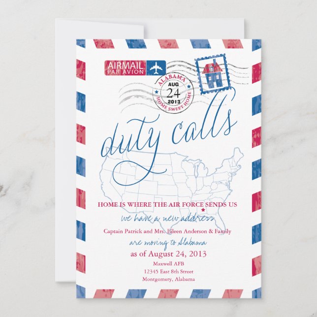 Faire-part Annonce de déménagement militaire par avion Alabam (Devant)