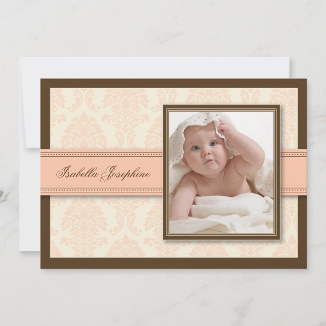 Faire-part Annonce de naissance au chocolat Damask doux (pêch (Devant)