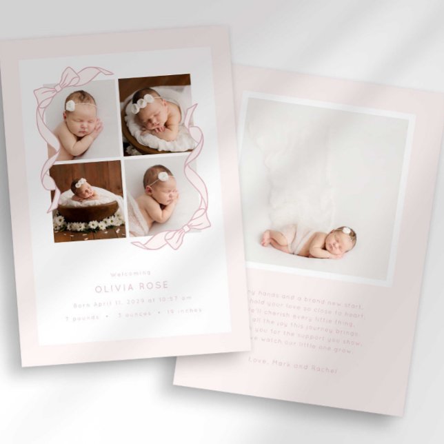 Faire-part Annonce de naissance avec cadre photo Coquette Bow (Créateur téléchargé)