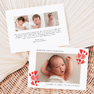Faire-part Annonce de naissance avec photo de coeurs rouges m