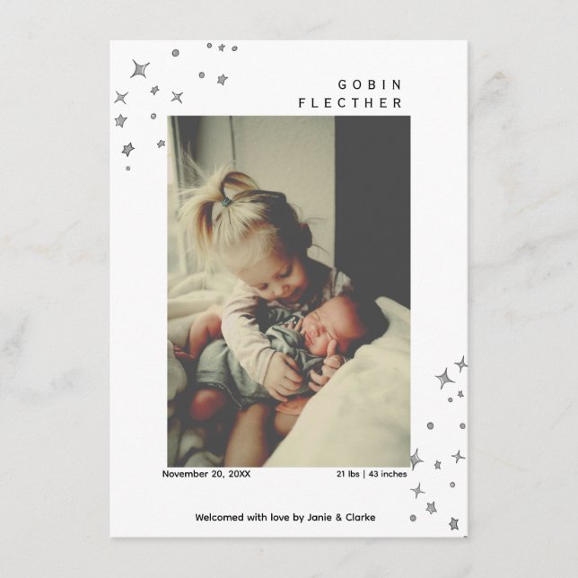 Faire-part Annonce de naissance avec photo et étoile doodle m (Devant)
