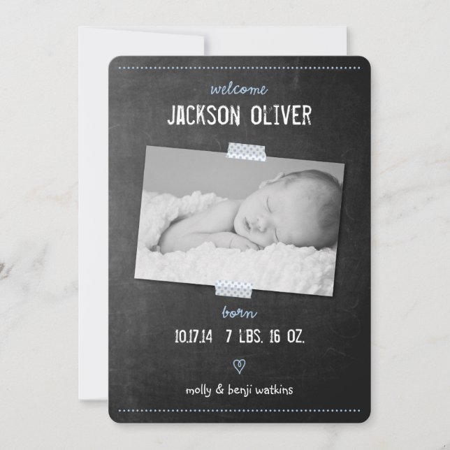 Faire-part Annonce de naissance avec ruban washi tableau noir (Devant)