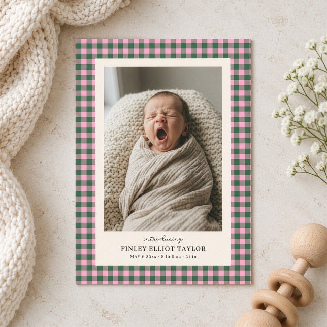 Faire-part Annonce de naissance bébé fille Gingham Vert Rose  (Créateur téléchargé)