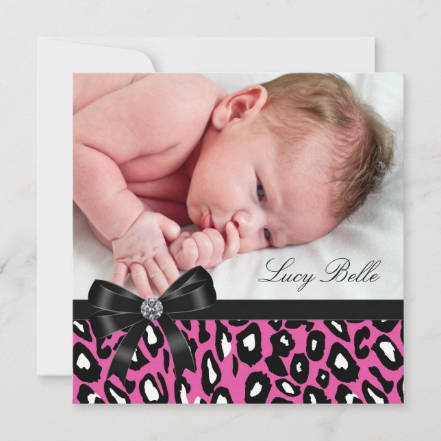 Faire-part Annonce de naissance bébé fille léopard noir rose (Devant)