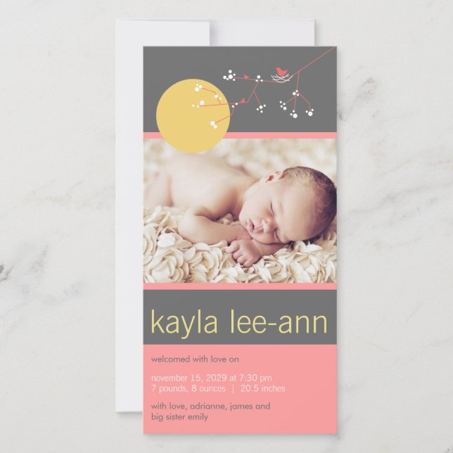Faire-part Annonce de naissance Bébé Fille Oiseau qui niche & (Devant)