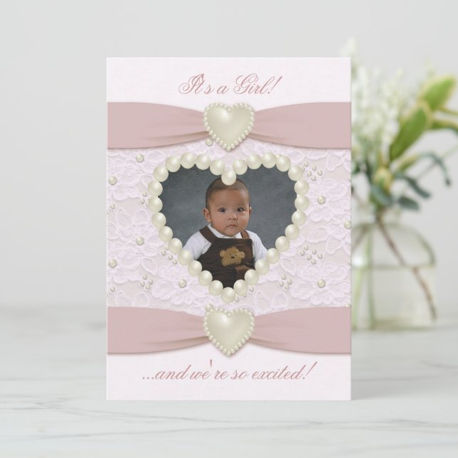 Faire-part Annonce de naissance bébé perle rose pastel (Debout devant)