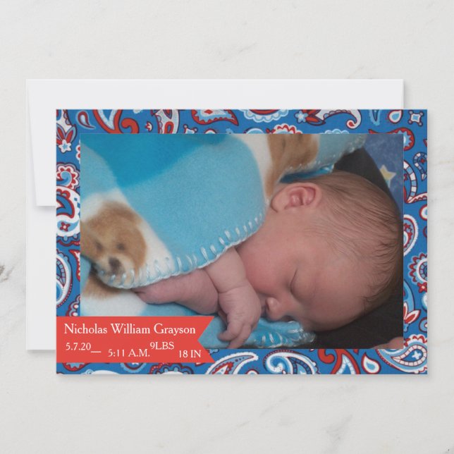 Faire-part Annonce de naissance bébé poisley rouge et bleu (Devant)