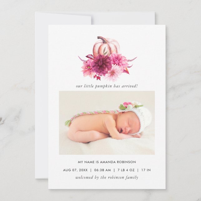 Faire-part Annonce de naissance d'automne Bourgogne et rose (Devant)
