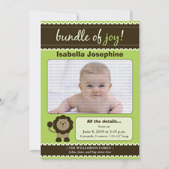 Faire-part Annonce de naissance de bébé designer Lion : vert  (Devant)
