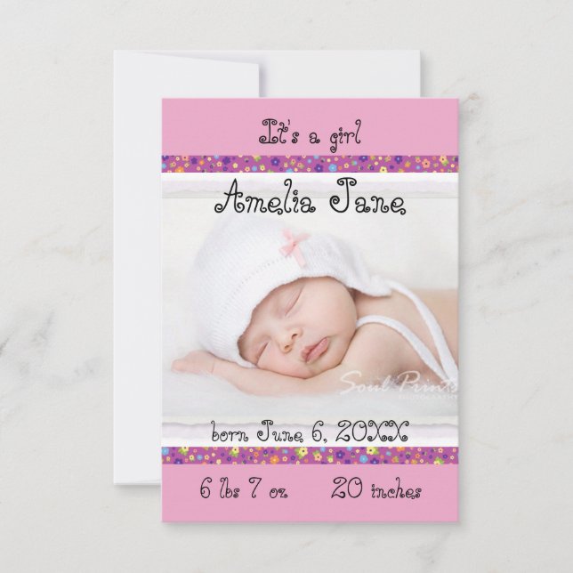Faire-part Annonce de naissance de bébé fille 3x5 Violet/Rose (Devant)