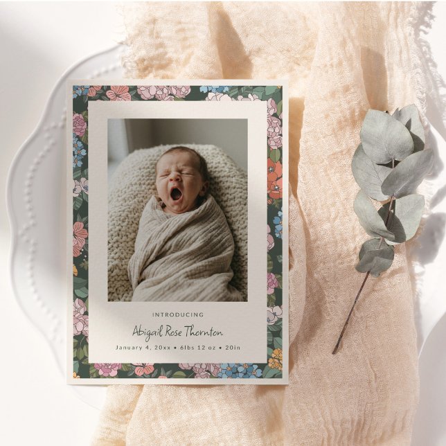 Faire-part Annonce de naissance de bébé fille avec fleurs vin (Créateur téléchargé)