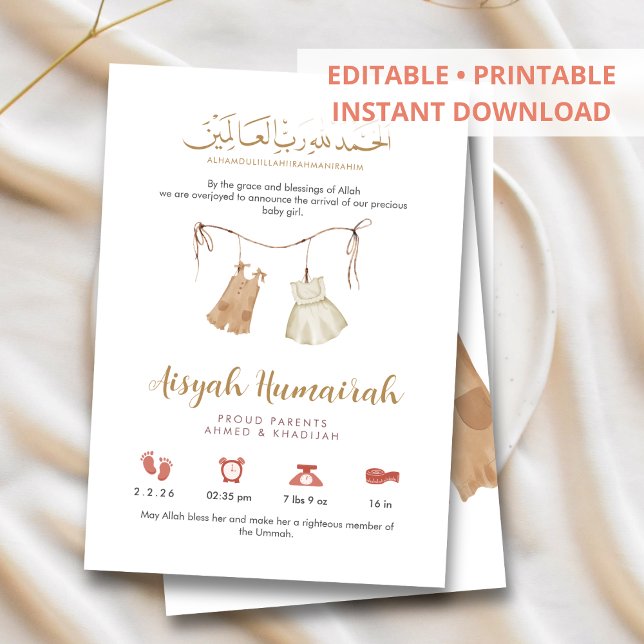 Faire-part Annonce de naissance de bébé fille islamique minim (Créateur téléchargé)