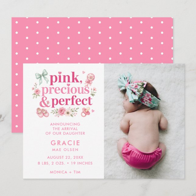 Faire-part Annonce de naissance de bébé fille moderne et préc (Devant / Derrière)