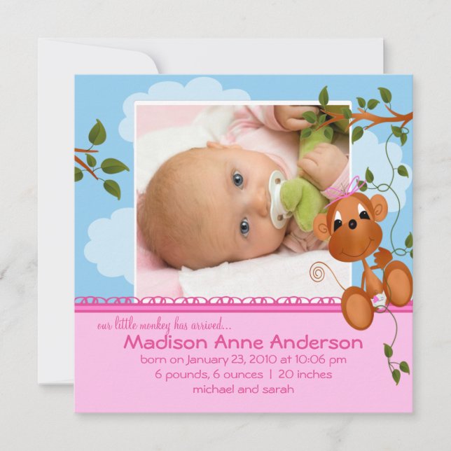Faire-part Annonce de naissance de bébé fille Petit Singe (Devant)