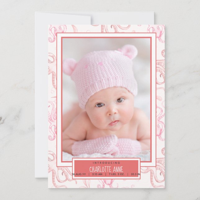 Faire-part Annonce de naissance de bébé fille pieuvre mignonn (Devant)