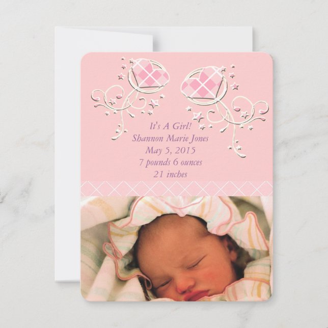 Faire-part Annonce de naissance de bébé fille rose Argyle mig (Devant)