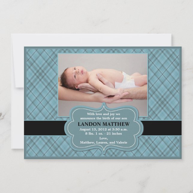 Faire-part Annonce de naissance de bébé garçon à carreaux ble (Devant)