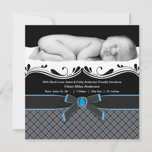 Faire-part Annonce de naissance de bébé garçon à carreaux ble (Devant)