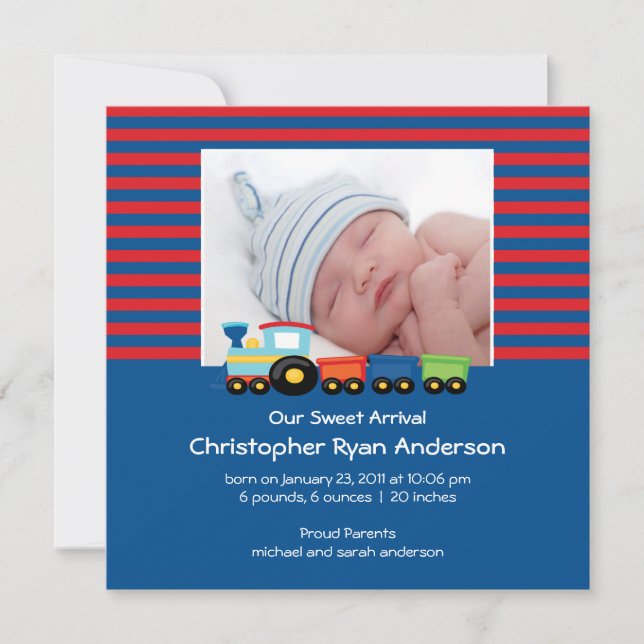 Faire-part Annonce de naissance de bébé garçon avec des train (Devant)