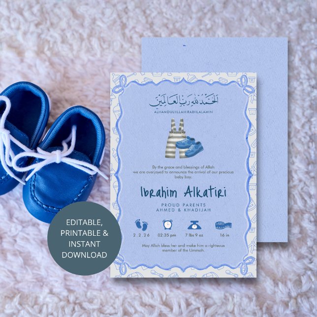 Faire-part Annonce de naissance de bébé garçon islamique aqua (Créateur téléchargé)