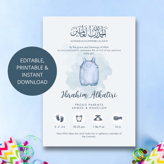 Faire-part Annonce de naissance de bébé garçon islamique bleu (Créateur téléchargé)