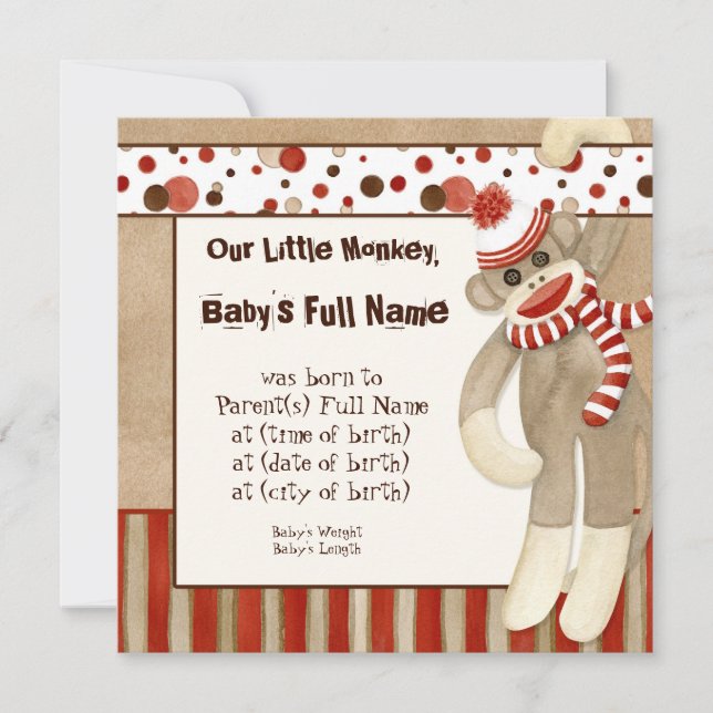 Faire-part Annonce de naissance de garçon Sock Monkey (Devant)