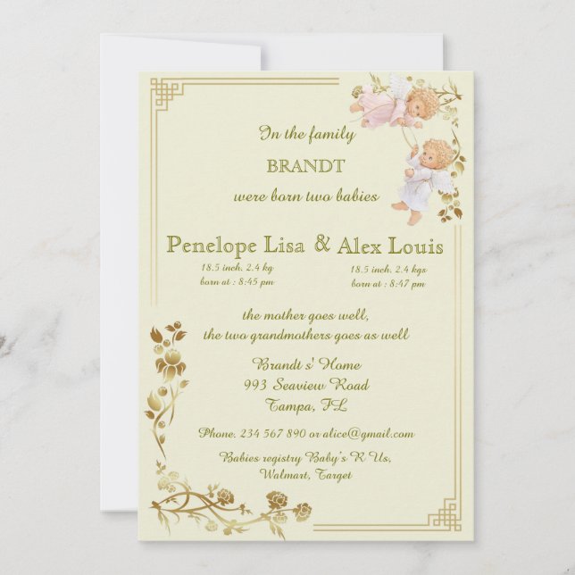 Faire-part annonce de naissance de jumeaux (Devant)