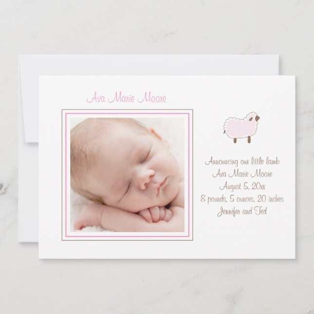 Faire-part Annonce de naissance de Petit Agneau Rose (Devant)