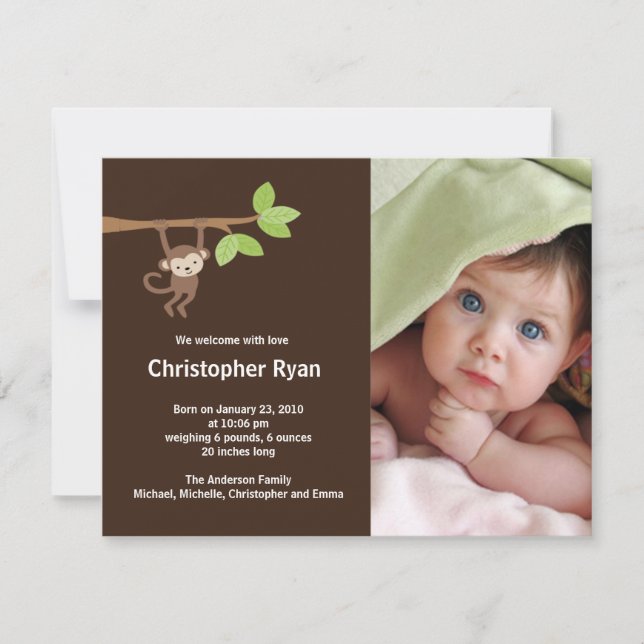 Faire-part Annonce de naissance de petit garçon singe bébé ph (Devant)