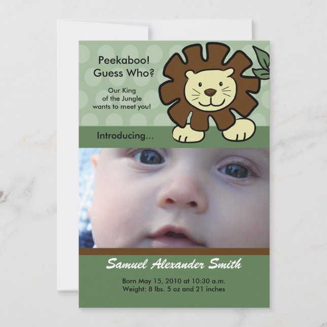 Faire-part Annonce de naissance du BÉBÉ LION Roi de la Jungle (Devant)