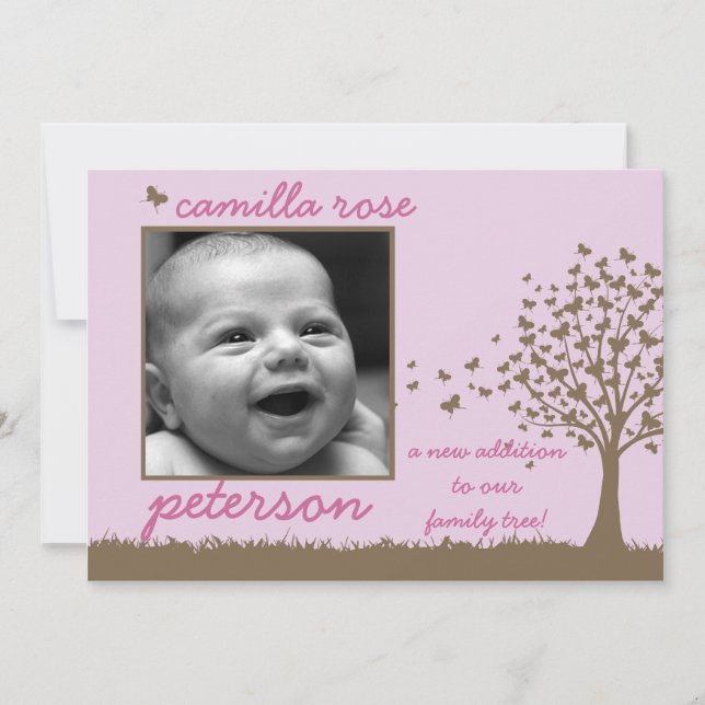 Faire-part annonce de naissance fille arbre papillon (Devant)