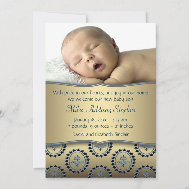 Faire-part Annonce de naissance garçon Bleu Or Photo (Devant)