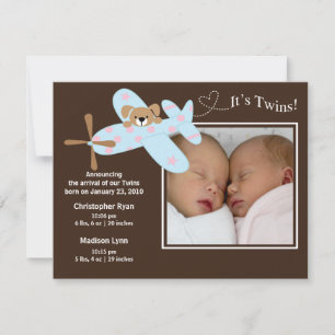 Faire-part Annonce de naissance Jumeaux Fille & Garçon Avion