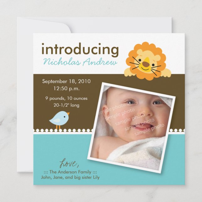 Faire-part Annonce de naissance Lion & Birdie Designer (bleu) (Devant)