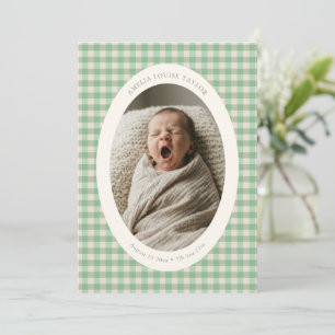 Faire-part Annonce de naissance ovale en vichy vert menthe av