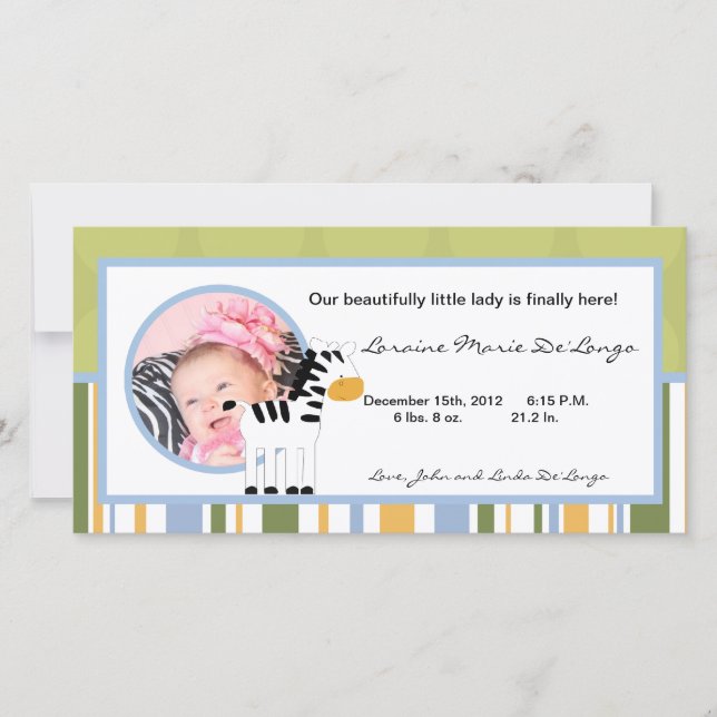 Faire-part Annonce de naissance photo 4x8 Safari Friends Zèbr (Devant)