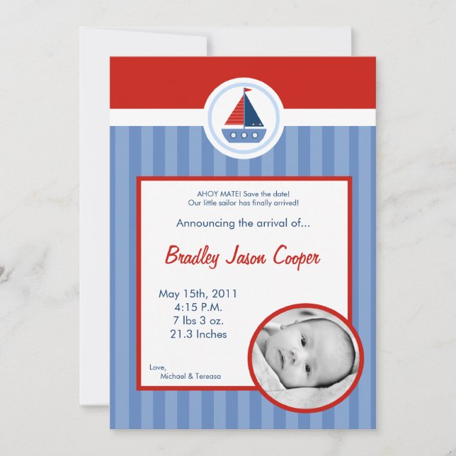 Faire-part Annonce de naissance PHOTO 5x7 Bateau à voile naut (Devant)