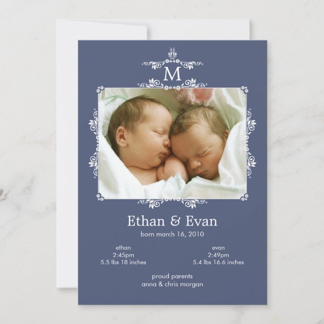 Faire-part Annonce de naissance photo jumeaux monogramme clas (Devant)