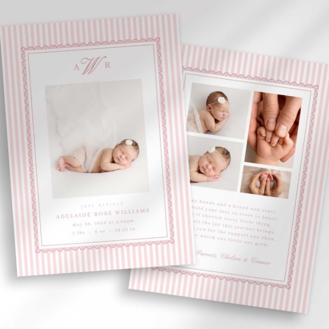 Faire-part Annonce de naissance photo monogramme à rayures pr (Créateur téléchargé)