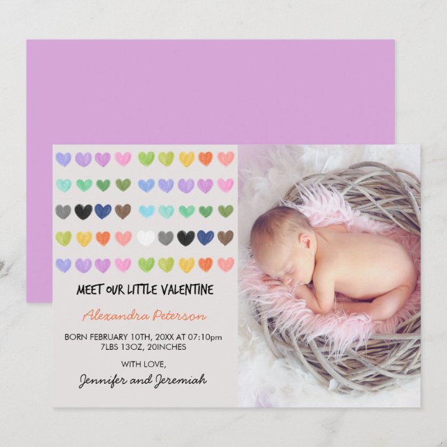 Faire-part Annonce de naissance pour la Saint-Valentin cœur d (Devant / Derrière)
