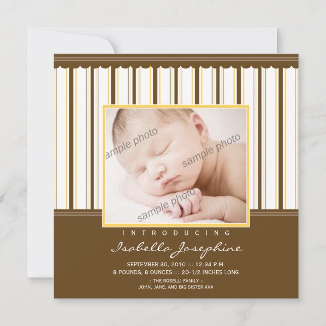 Faire-part Annonce de naissance rayée marron/jaune tendance (Devant)