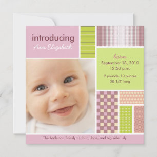 Faire-part Annonce de naissance rose patchwork carré designer