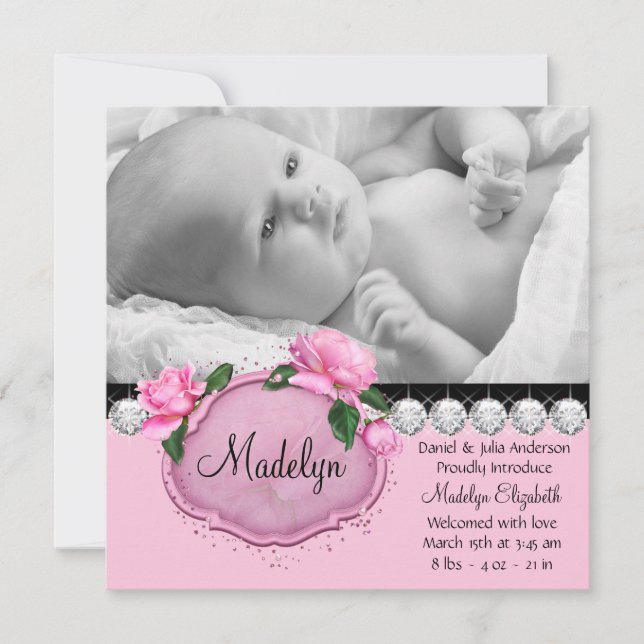 Faire-part Annonce de naissance Rose rose noir (Devant)