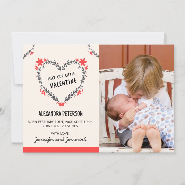 Faire-part Annonce de naissance Saint-Valentin cœur floral (Devant)