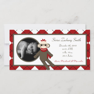 Faire-part Annonce de naissance singe chaussette rouge 4x8