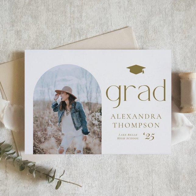 Faire-part Annonce de photo d'arch Gold Photo Graduation (Customizable boho graduation announcement featuring arch photo frame.)