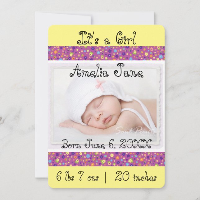 Faire-part Annonce de photo de bébé fille jaune mignonne (Devant)
