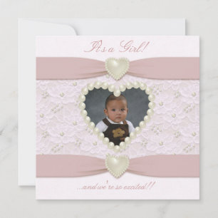 Faire-part Annonce de photo de bébé perle dentelle pastel ros