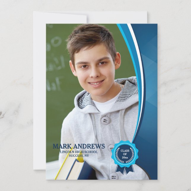 Faire-part Annonce de photo de diplômé au ruban bleu (Devant)